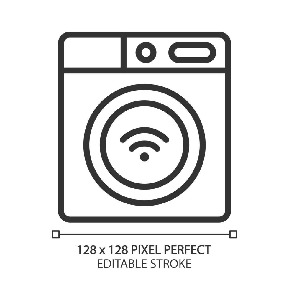 Smart washing machine pixel perfect linear icon. Home appliance. Device for laundry. Remote control via smartphone app. Thin line illustration. Contour symbol. Vector outline drawing. Editable stroke