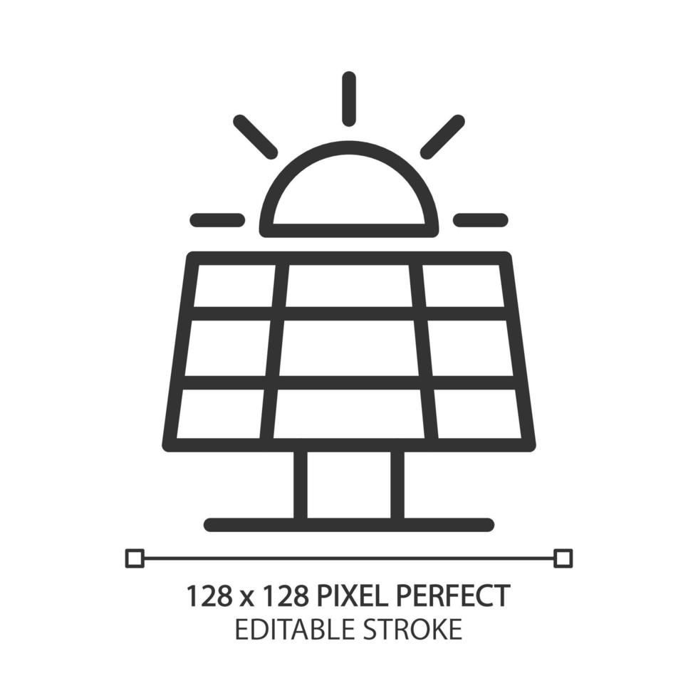 icono lineal perfecto de píxeles del panel solar. fotovoltaica fuente alternativa de energía. dispositivo de energía para el hogar. ilustración de línea delgada. símbolo de contorno dibujo de contorno vectorial. trazo editable vector