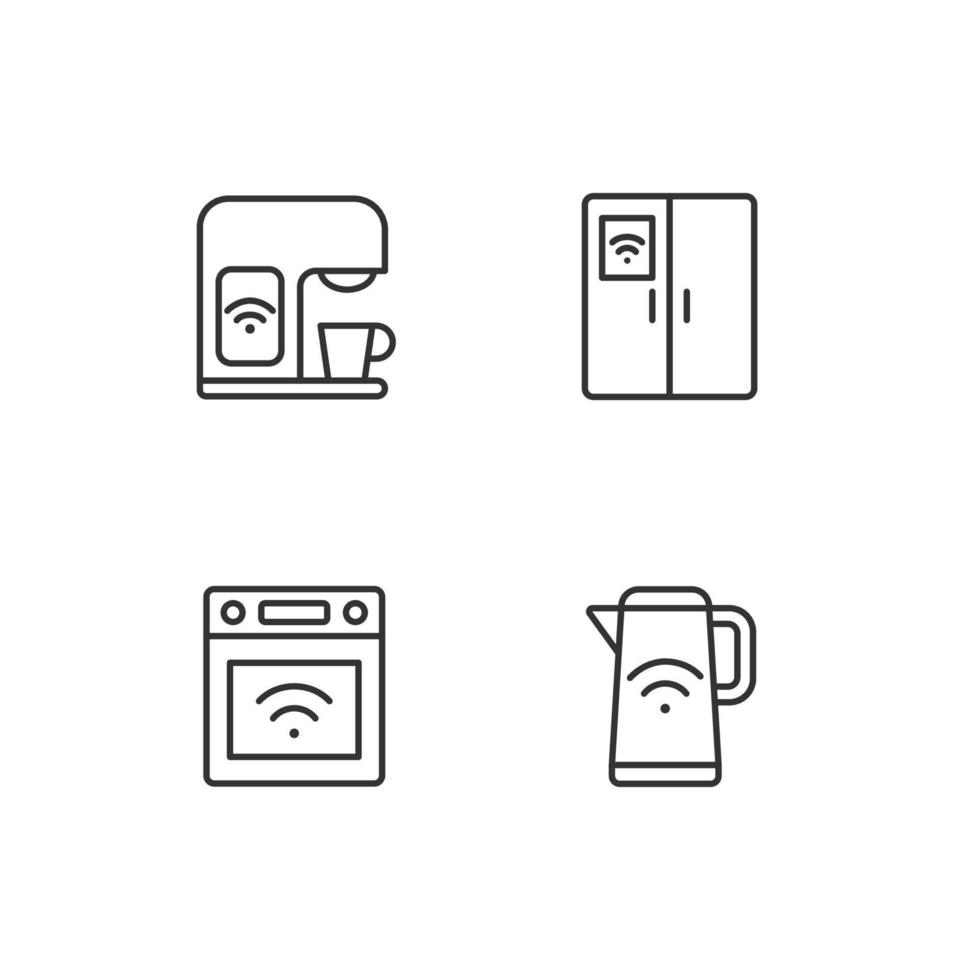 electrodomésticos de cocina inteligentes conjunto de iconos lineales perfectos de píxeles. aparatos para cocinar. tecnología de casa inteligente. símbolos de línea fina personalizables. ilustraciones aisladas de contorno vectorial. trazo editable vector