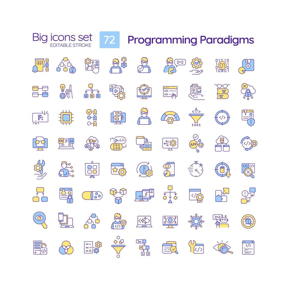 Programming language paradigms RGB color icons set. Software development. Coding. Computer programmer. Isolated vector illustrations. Simple filled line drawings collection. Editable stroke