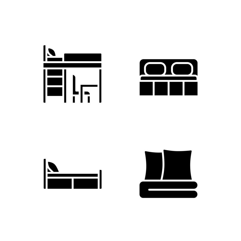 Furniture for home black glyph icons set on white space. Bed and bedclothes. Bedroom decor. Kids room. House furnishings. Silhouette symbols. Solid pictogram pack. Vector isolated illustration