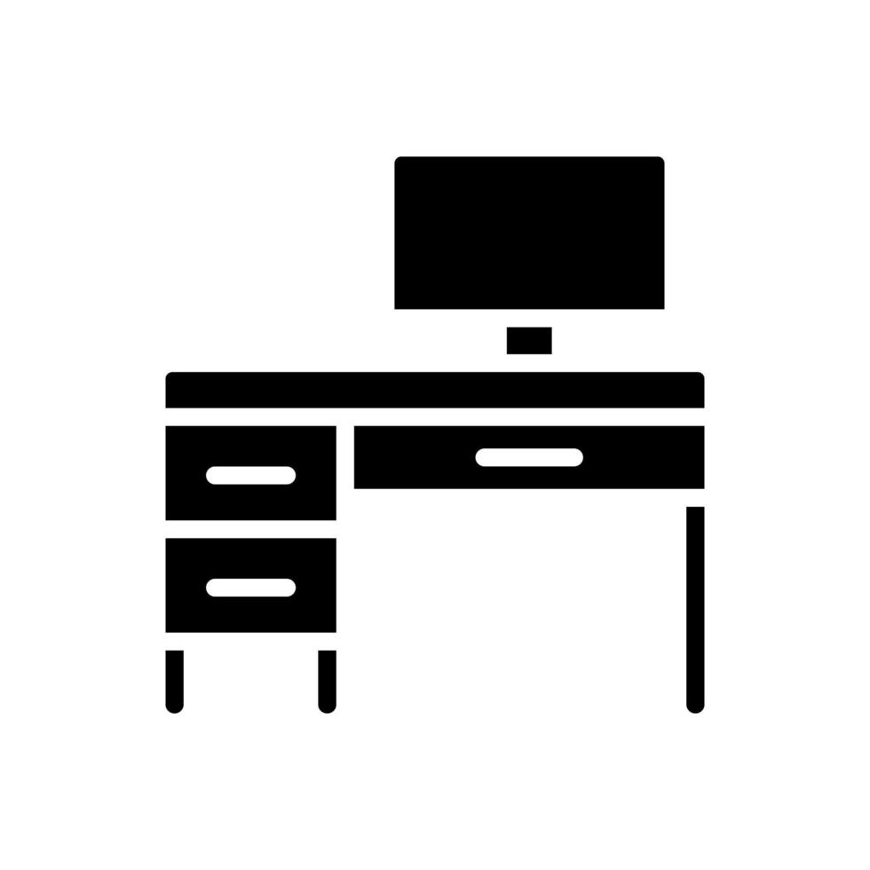 Writing table black glyph icon. Home office. Desk with computer. Modern contemporary home furniture store. Workstation. Silhouette symbol on white space. Solid pictogram. Vector isolated illustration