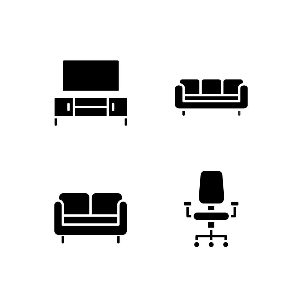 Furniture store black glyph icons set on white space. Furnishing for living room and home office. Couch, sofa. Television, chair. Silhouette symbols. Solid pictogram pack. Vector isolated illustration