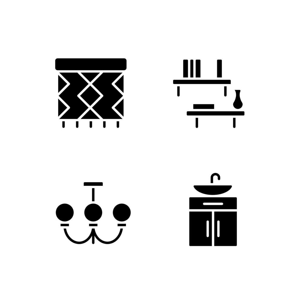 Home decor and furniture black glyph icons set on white space. Ceiling light. Floating shelf. Rug pad. Wash stand. Accessories. Silhouette symbols. Solid pictogram pack. Vector isolated illustration