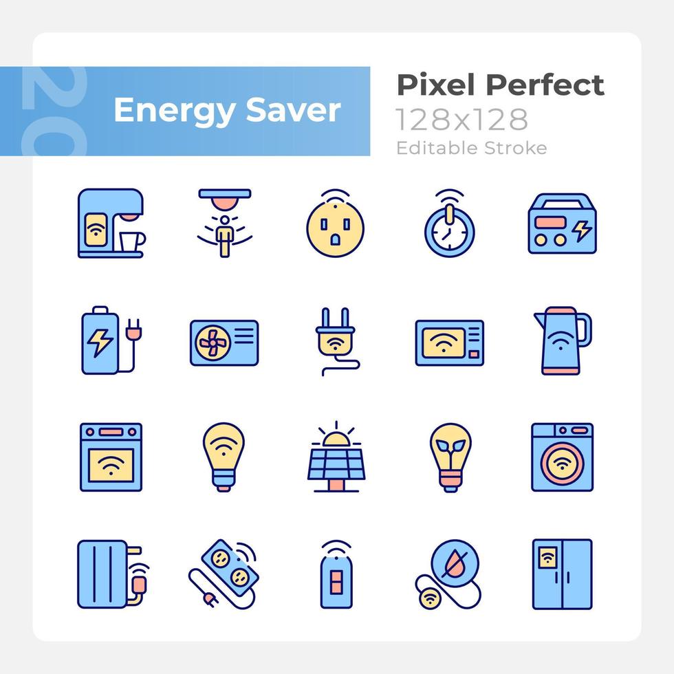 Energy saver pixel perfect RGB color icons set. Smart home appliances. Internet of things. Automated devices. Isolated vector illustrations. Simple filled line drawings collection. Editable stroke