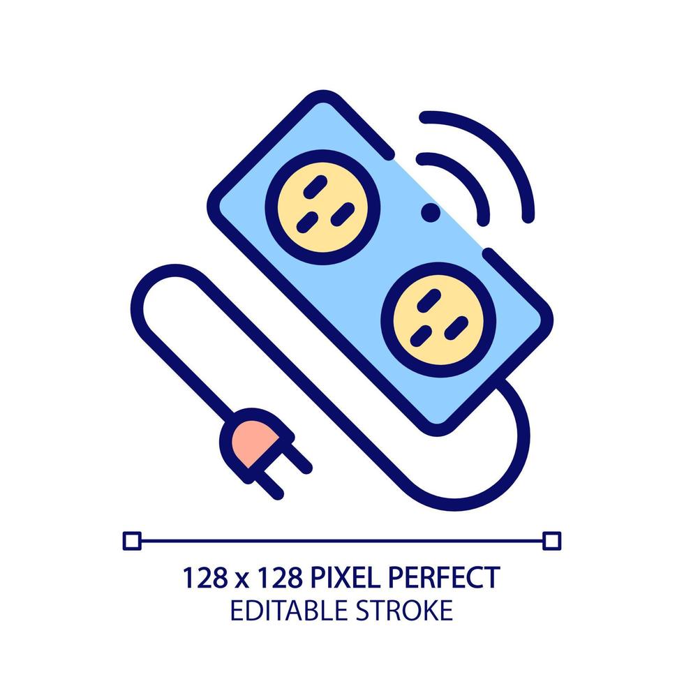 icono de color rgb perfecto de píxeles de tira de alimentación inteligente. Dispositivo automático de enchufe múltiple. aparato para el hogar. cable de extensión. ilustración vectorial aislada. dibujo de línea rellena simple. trazo editable vector