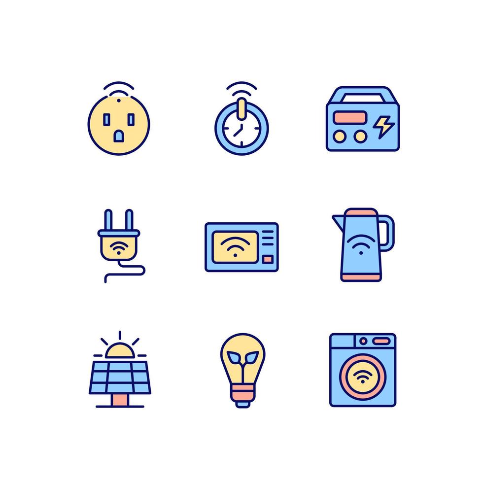 conjunto de iconos de color rgb perfectos de píxeles de consumo de energía eficiente. dispositivos inteligentes para el hogar. Internet de las Cosas. ilustraciones vectoriales aisladas. colección de dibujos de líneas llenas simples. trazo editable vector