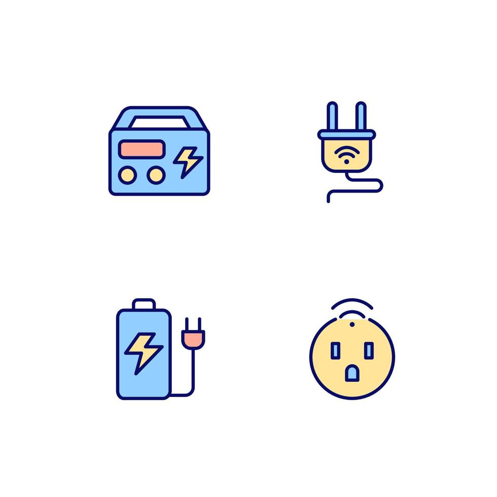 Electric devices pixel perfect RGB color icons set. Smart socket and plug. Portable generator and battery. Isolated vector illustrations. Simple filled line drawings collection. Editable stroke