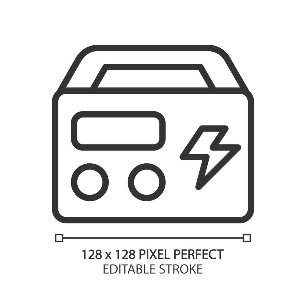 Portable power station pixel perfect linear icon. Rechargeable device. Battery generator. Appliance for home, camping. Thin line illustration. Contour symbol. Vector outline drawing. Editable stroke