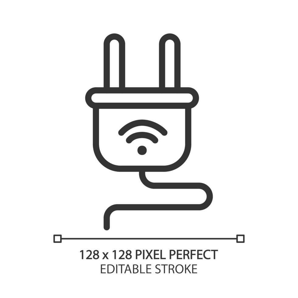 icono lineal perfecto de píxeles de enchufe inteligente. Electrodoméstico. dispositivo automatizado. control remoto con teléfono inteligente. ilustración de línea delgada. símbolo de contorno dibujo de contorno vectorial. trazo editable vector