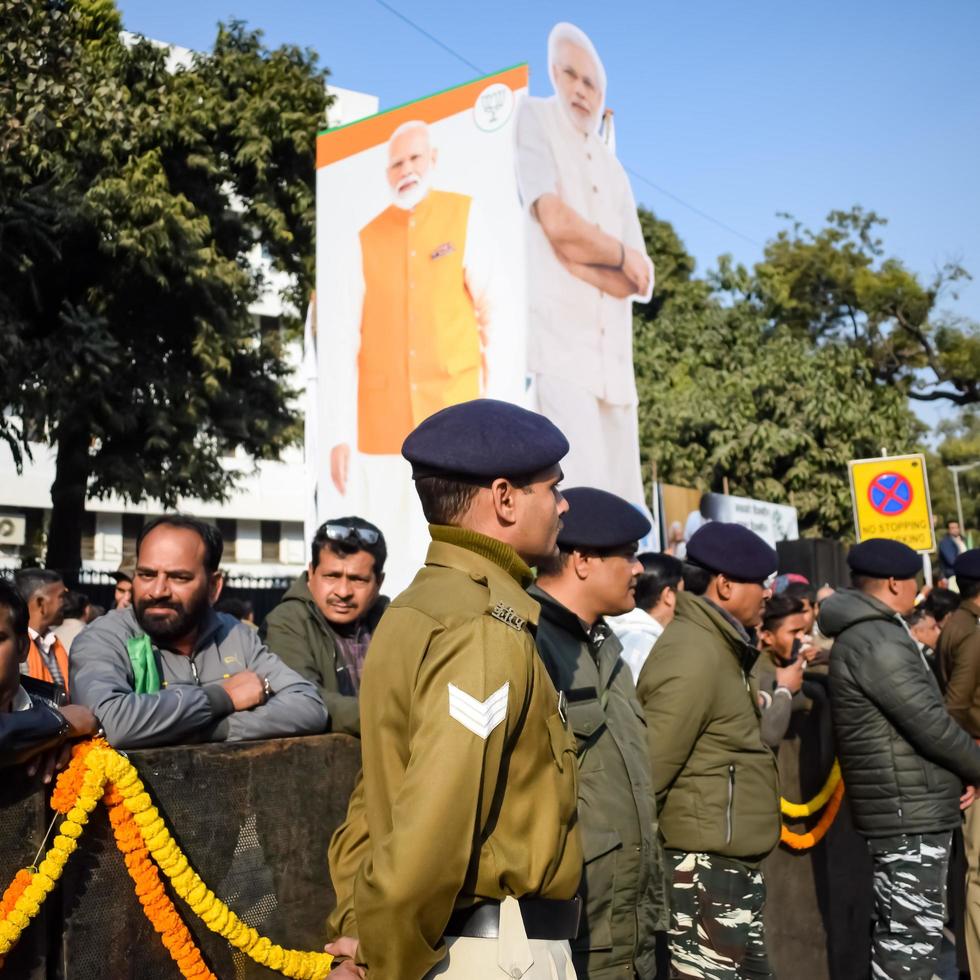 New Delhi, India - January 16 2023 - Prime Minister Narendra Modi cut out during BJP road show, the statue of PM Modi while attending a big election rally in the capital photo