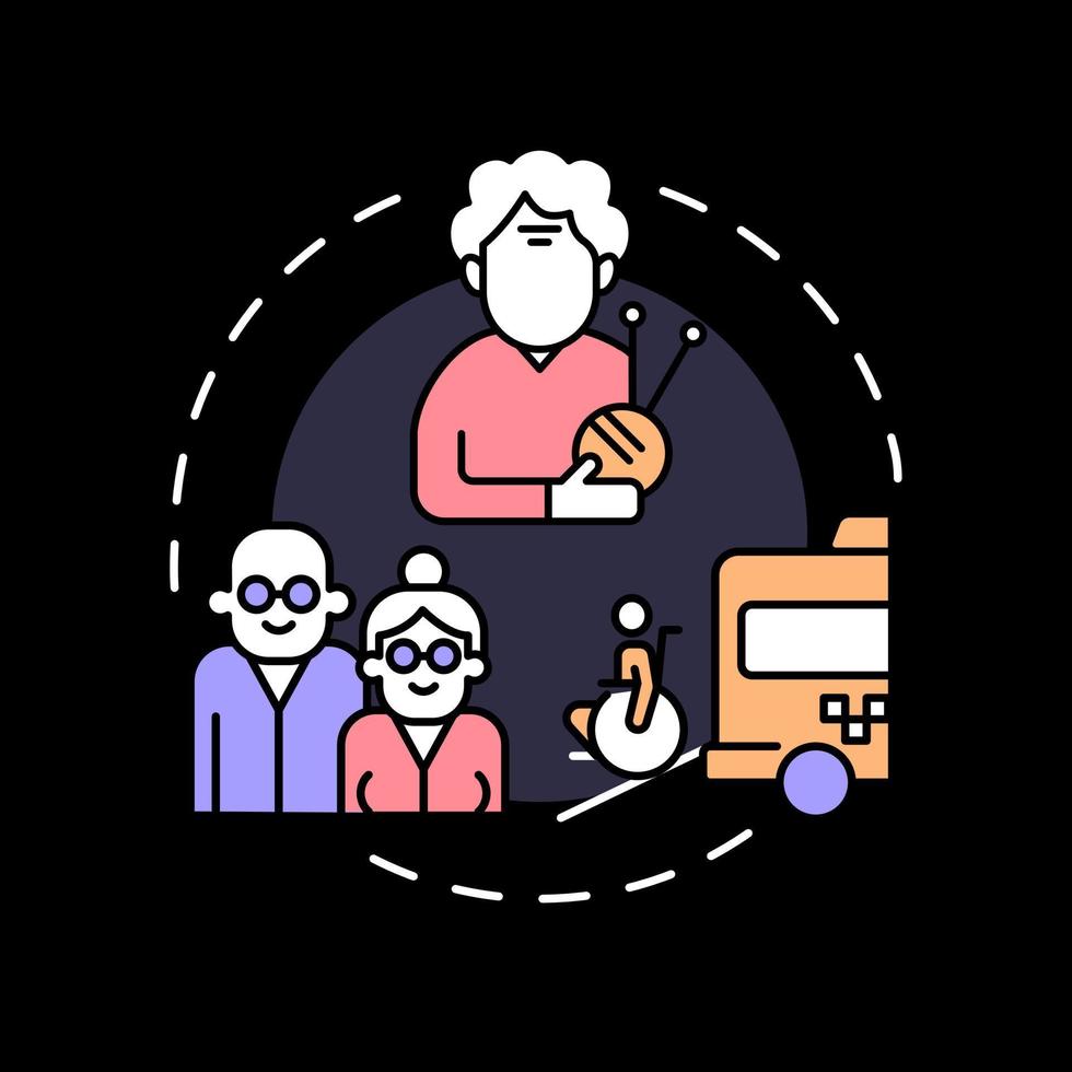 Happy life of senior people concept icon for dark theme. Comfort and positivity. Relationship and hobby. Elderly abstract idea thin line illustration. Isolated outline drawing. Editable stroke vector