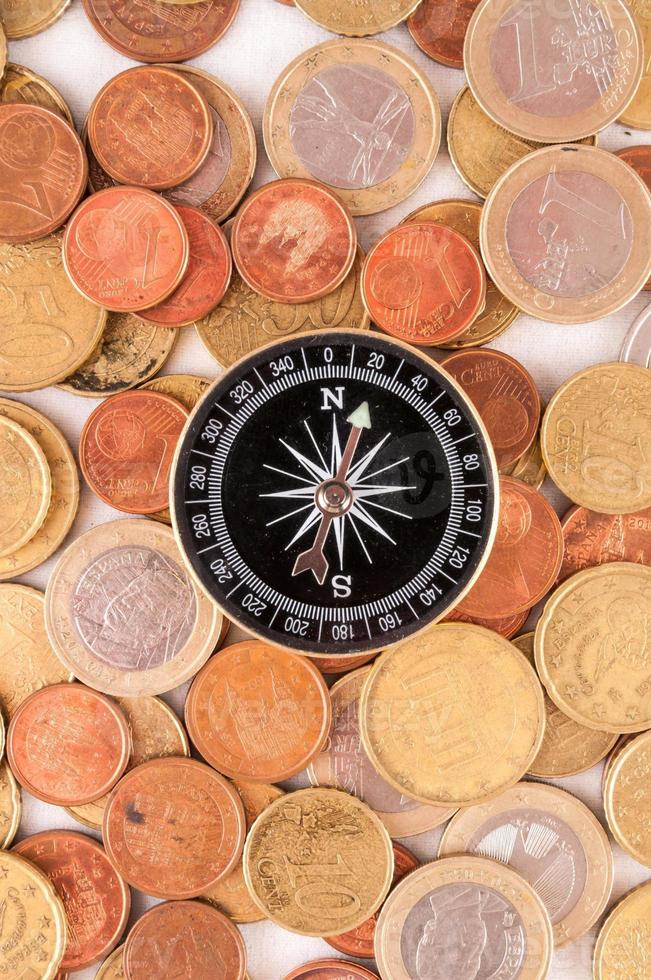 Euro coins and a compass photo