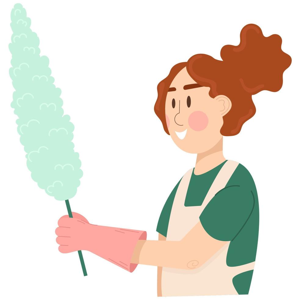 Cleaning woman holding dust brush.Vector female cleaner is cleaning. Flat vector cartoon character illustration.