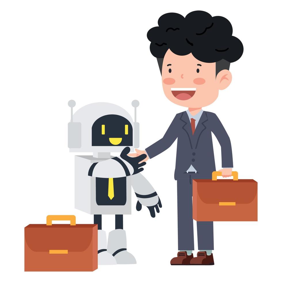 businessman shaking hand robot cartoon vector