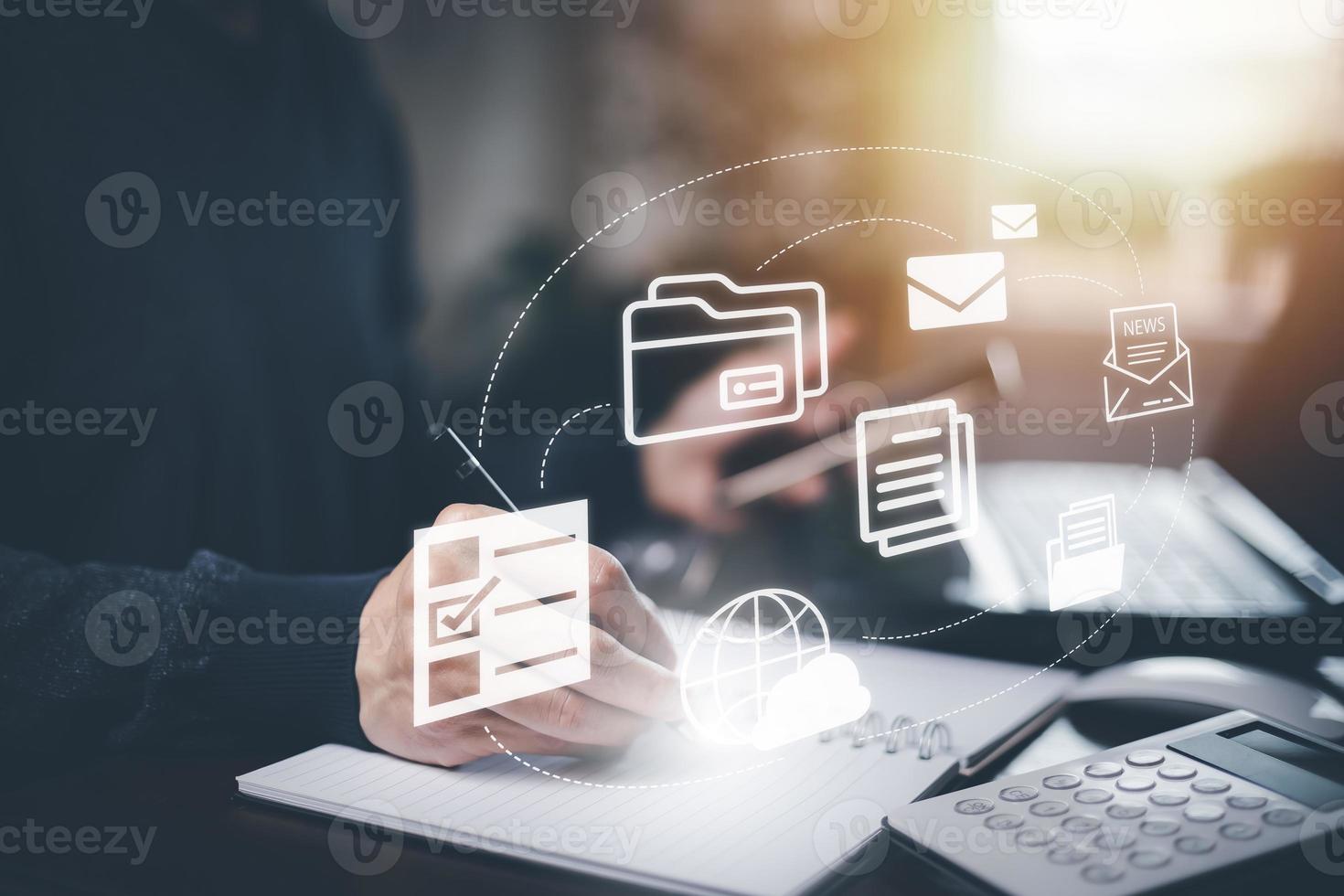 Man Hand of unrecognizable man using interactive electronic documents interface. Concept of hi tech and future of business, computer folder document. Business management, big data,finance technology. photo