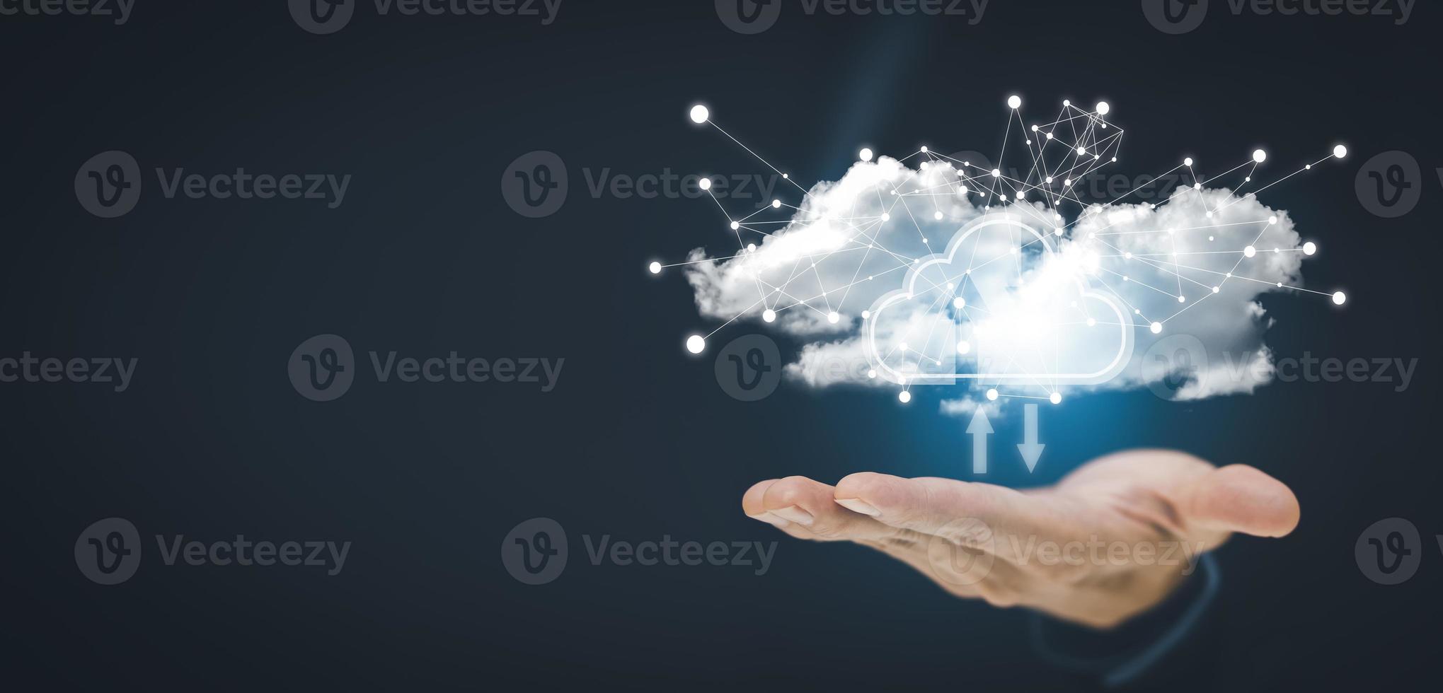 Man touching connect to data information on the Cloud Computing Technology Internet Storage Network Concept And a large database big data Through internet technology, Cloud sharing download and upload photo