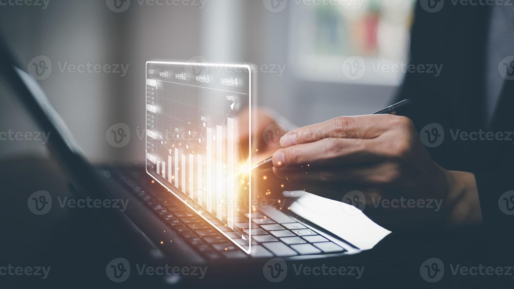 Tablet and finance technology and investment concept. Stock Market Investments Funds and Digital Assets. Woman using laptop or computer and trading graph financial data. Business finance background. photo