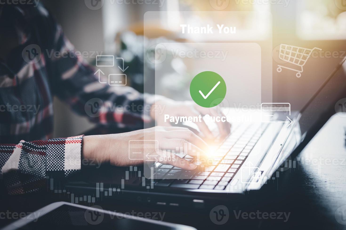 Hand using tablet with Online payment ,Hand touch banking online bill payment Approved concept button, credit card and network connection icon on business technology virtual screen background photo