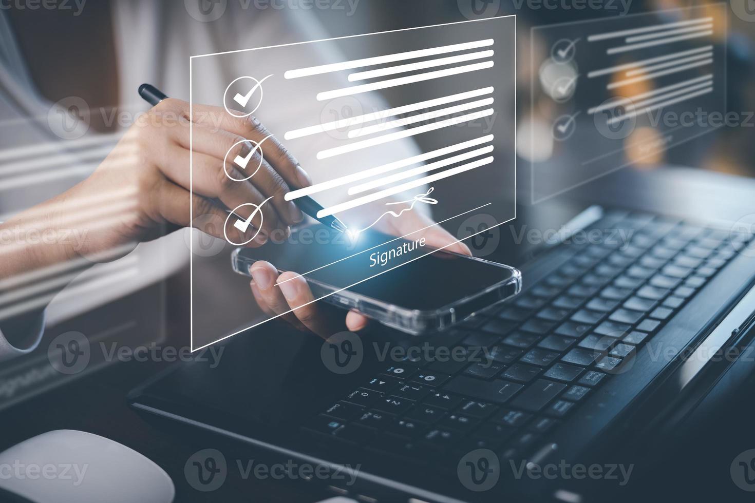 Signing electronic documents on digital documents Online, businessman with contract Electronic signature, e-signing, digital document management, paperless office, signing business contract concept, photo