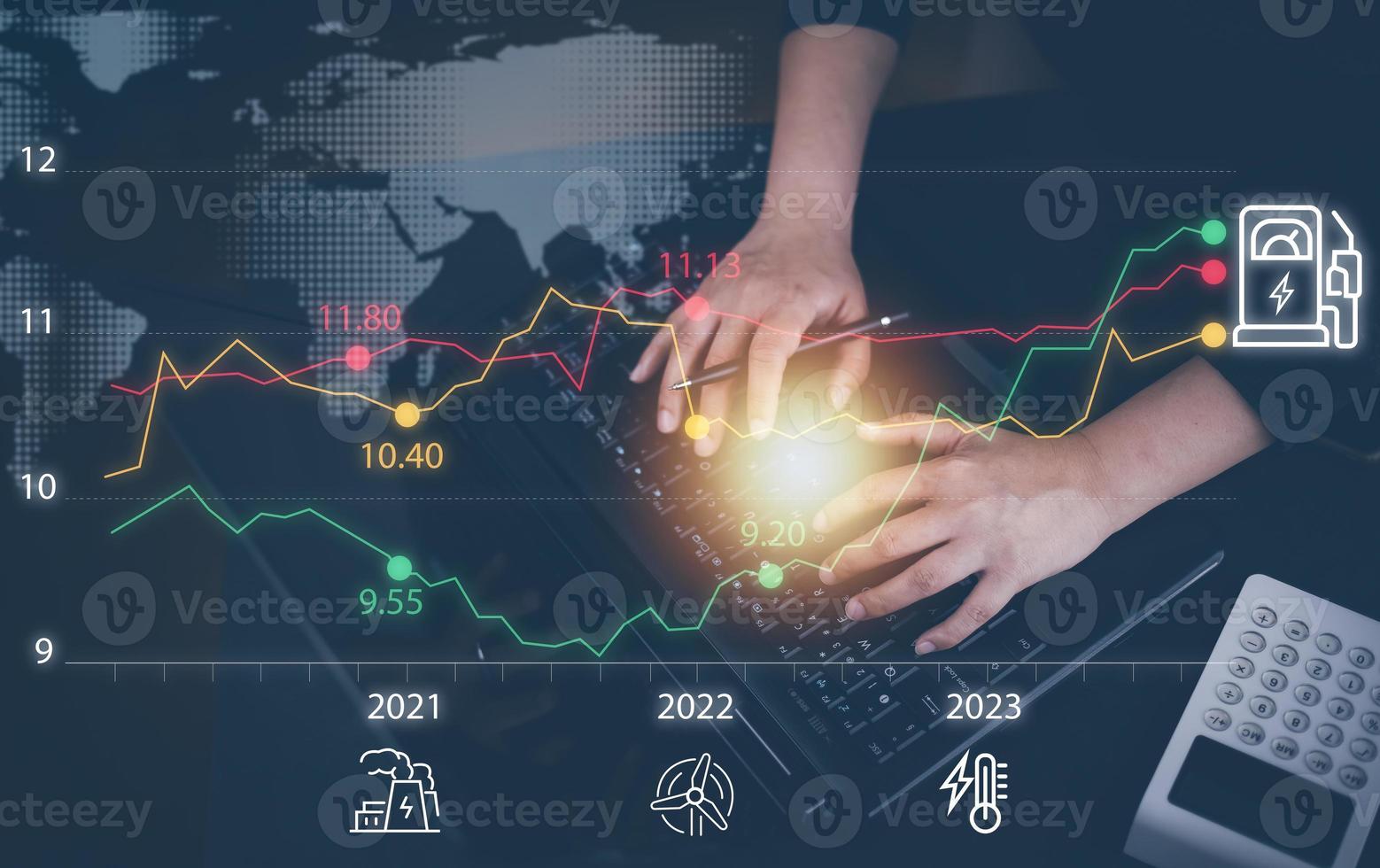 Oil energy graph of the world market, impact on the economy concept,Hand touch chart with the indicator on the oil price slide at gas station, fluctuations in oil prices and exchange trade. photo