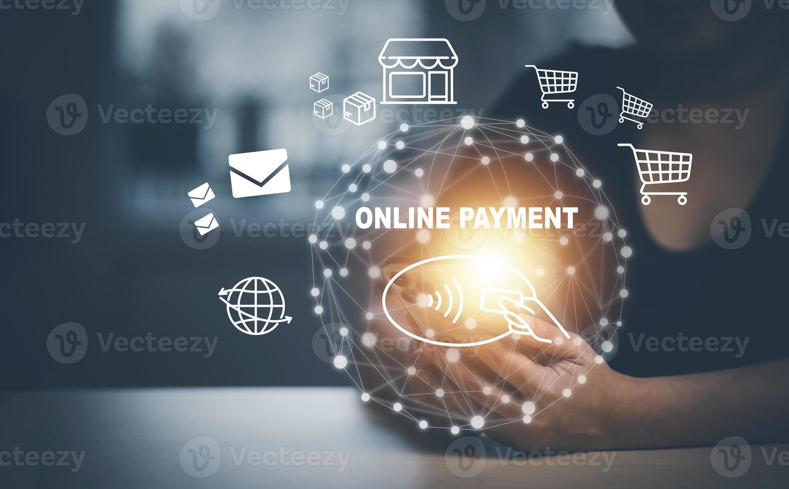Smartphone with Online payment ,Hand touch banking online bill payment Approved concept button, credit card and network connection icon on business technology virtual screen background photo