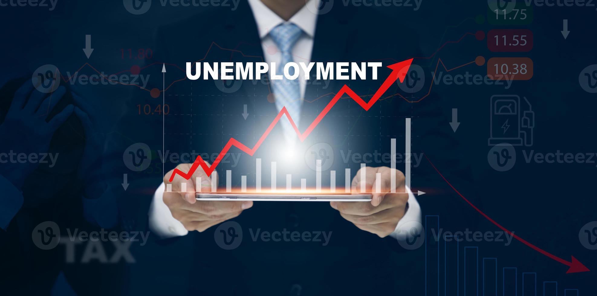 Increasing growth of Inflation and unemployment and rate rises. Global Financial crisis in the world, Businessman with graph Uptrend financial chart of the inflation rate and energy price in Europe photo