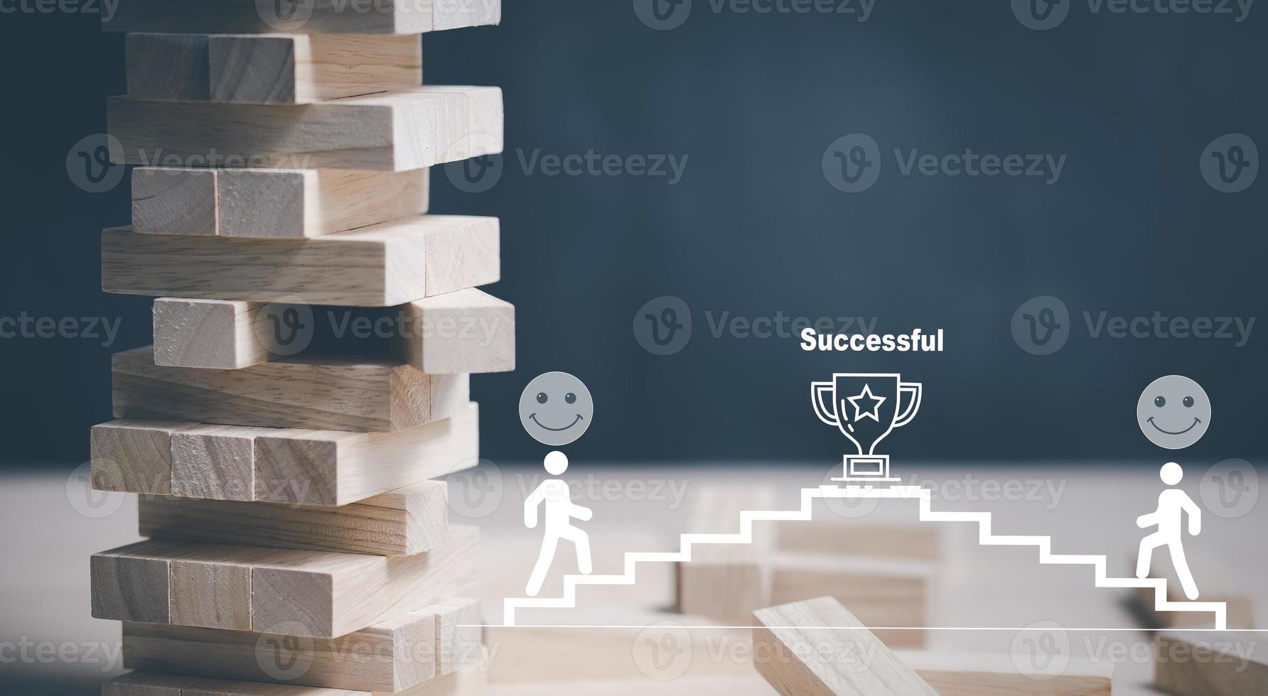 Blocks wood game with Successful people icon and copy space, The tower from wooden blocks from the top view, Jenga, Businessman manage his strategy, Concept of education, risk, development, and growth photo