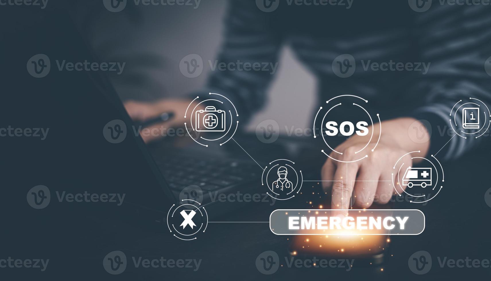 Hand touch button Emergency app in home, call phone, Chat message icon, Emergency application from smartphone for elderly, technology concept.Old hand touch mobile phone and call for help. photo