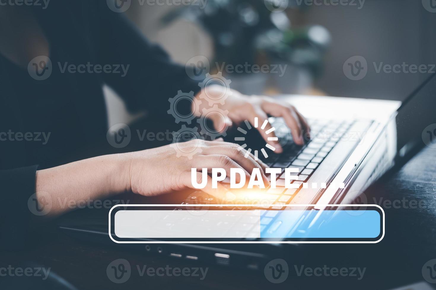 Hand touch bar of Update Software Computer Program Upgrade Business Technology Internet, Update on virtual screen. Internet and technology concept, loading bar with installing the update. photo