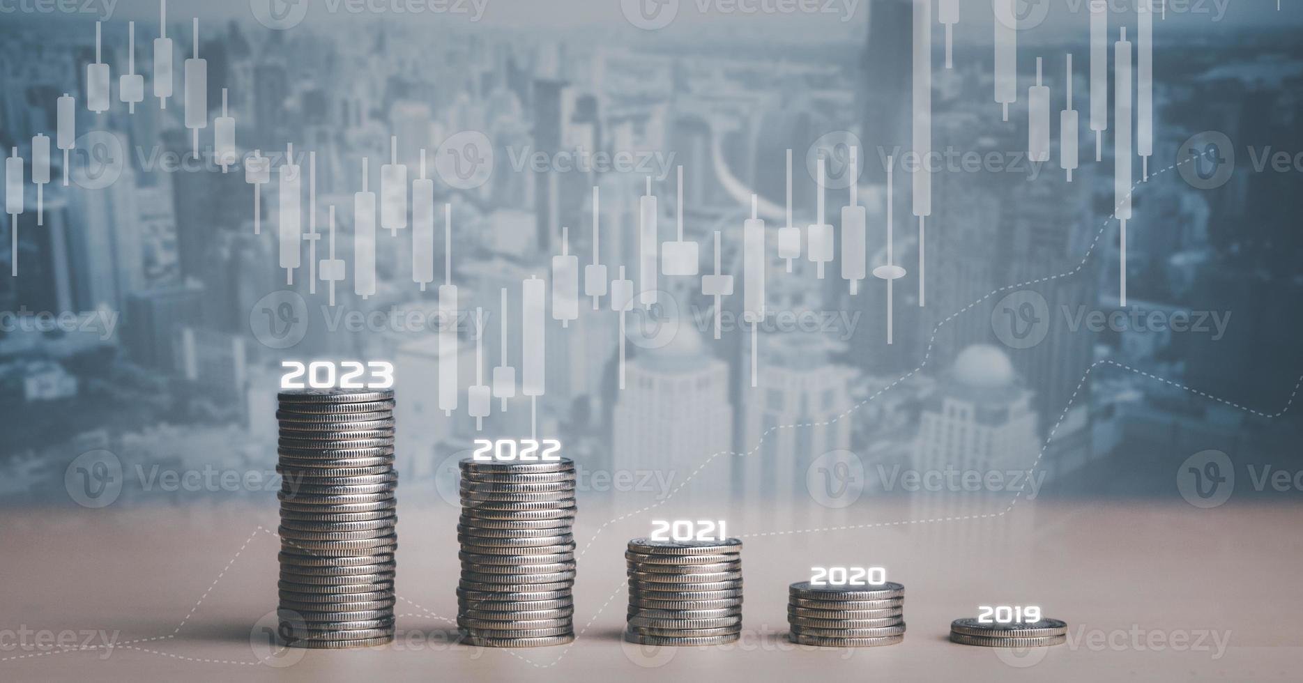 Double exposure of coins on the white background for finance and banking and Money spending planning, and investment budget, Business saving money concept, Copy space, new year 2022-2023 concept photo