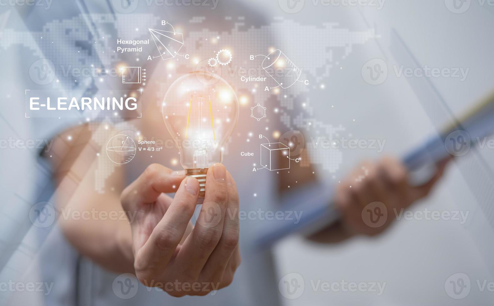 Concept E-learning education,Man holding light bulb with Education icon on virtual screen. internet lessons and online webinar, online lessons on a digital screen.Education internet Technology, photo