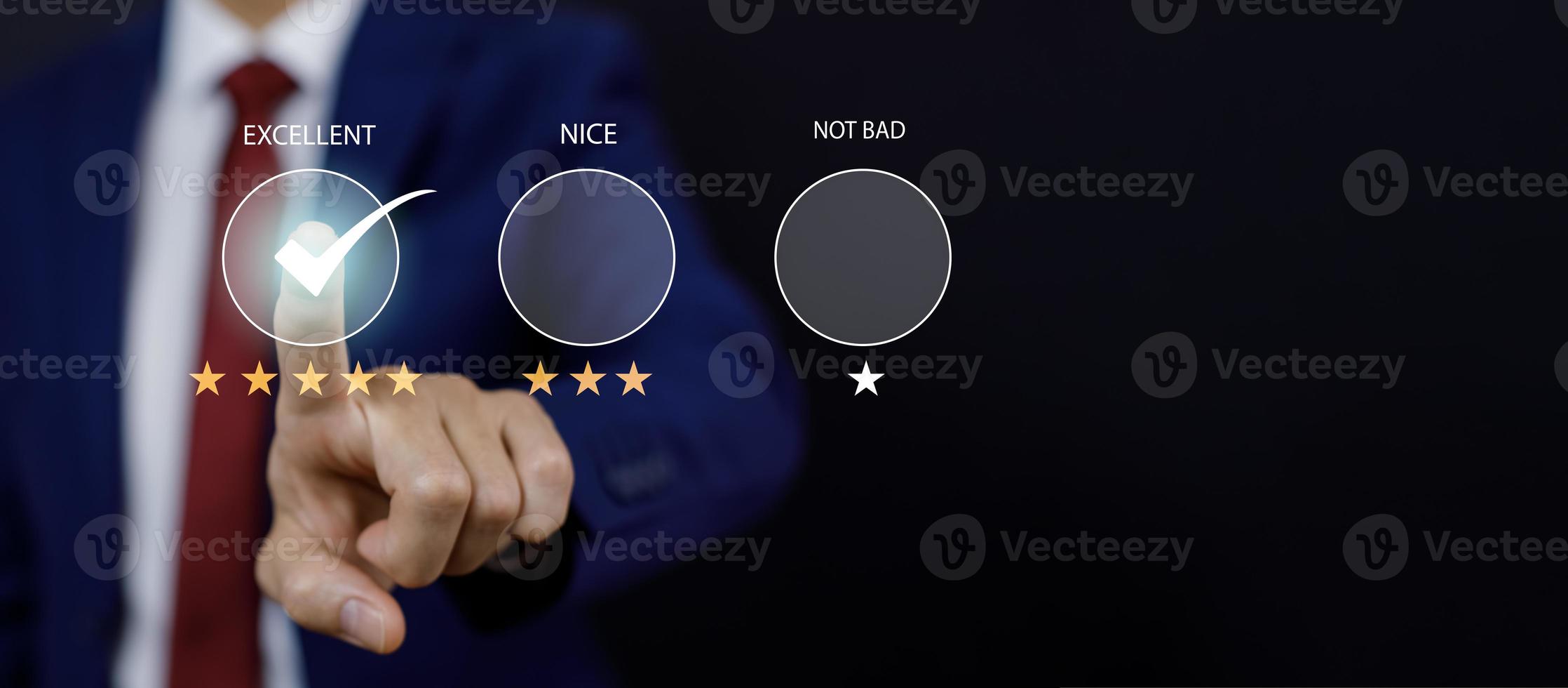 Businessman hand touch Customer review satisfaction feedback survey concept, User give rating to service experience on online application, service leading to reputation ranking business, 5 star photo