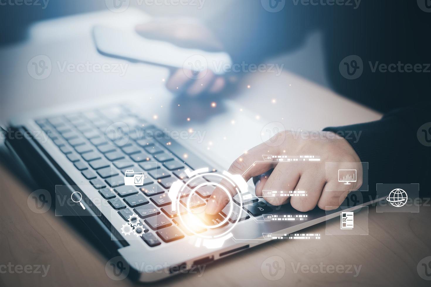 Concept financial transactions online, businessman use laptop with point at financial analyzing data while discussion, planning brand promotion budget, raising company awareness in social media photo