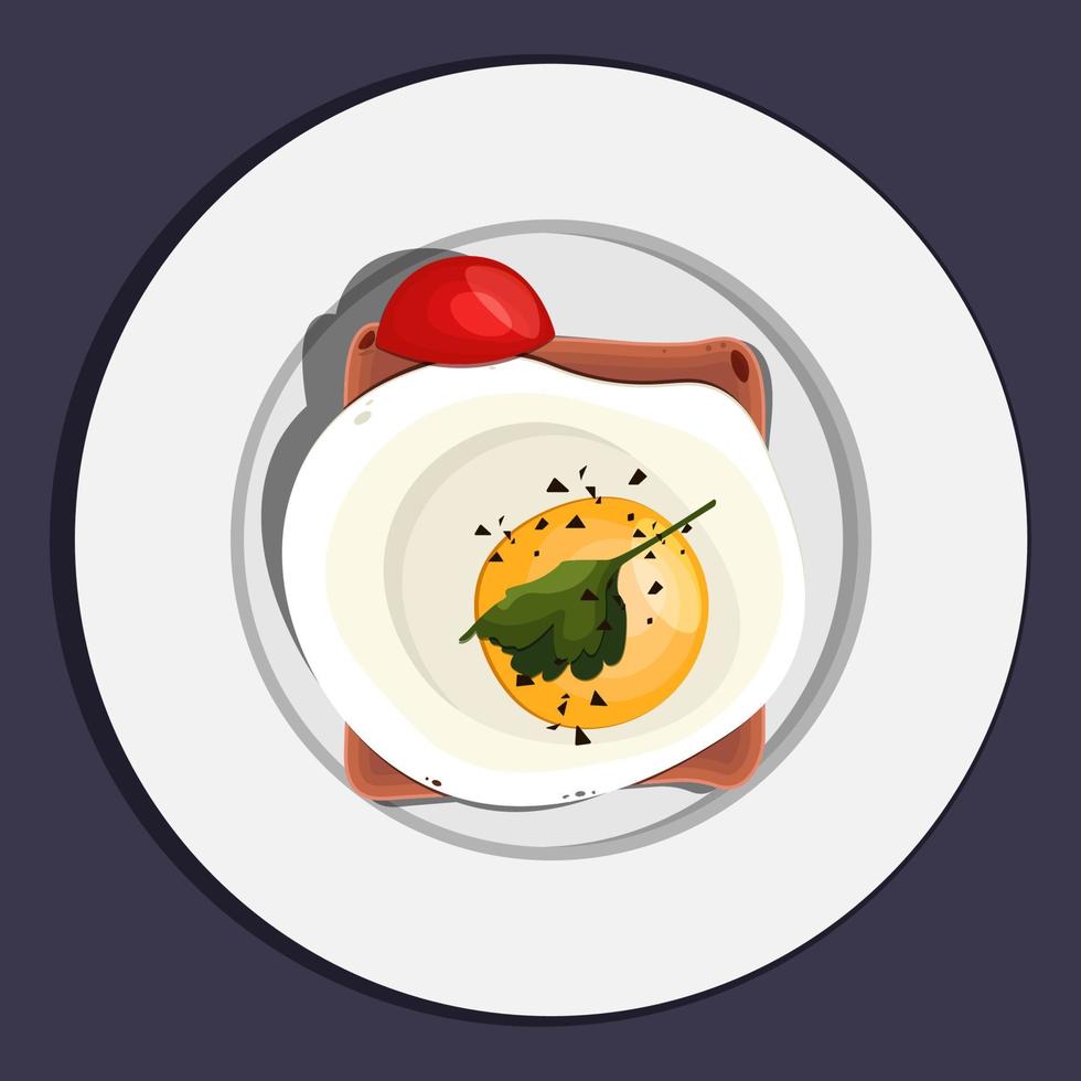 The isolated flat egg with shadows on the bread and with a piece of tomato on the plate vector