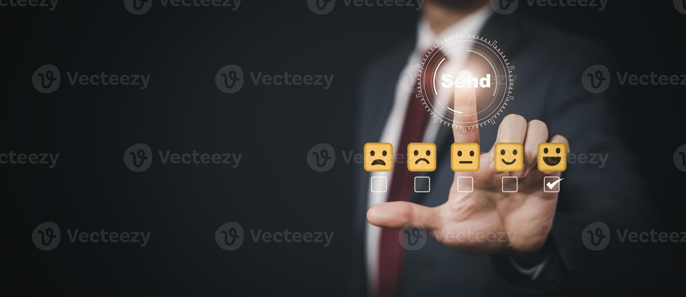 Businessman hand Touch Bar Customer review satisfaction feedback survey concept, User give rating to service experience on online application, service leading to reputation ranking business, 5 star photo