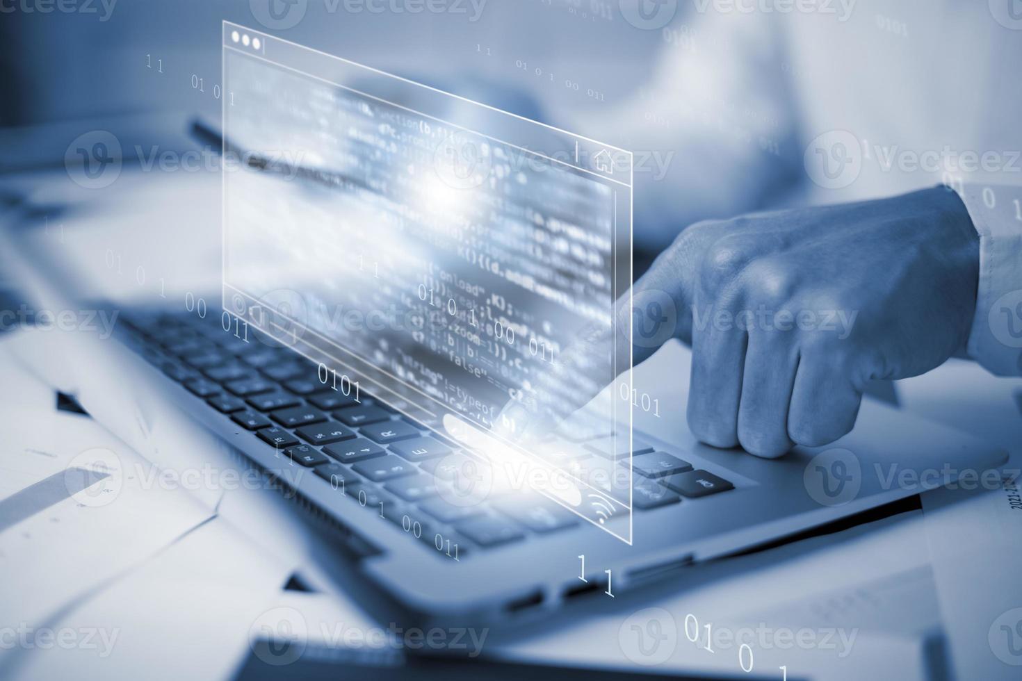 Businessman hand touch with Code html and programming on screen laptop,Programmer development Computer code,web design  coding technology in software, digital software technology development, IoT photo