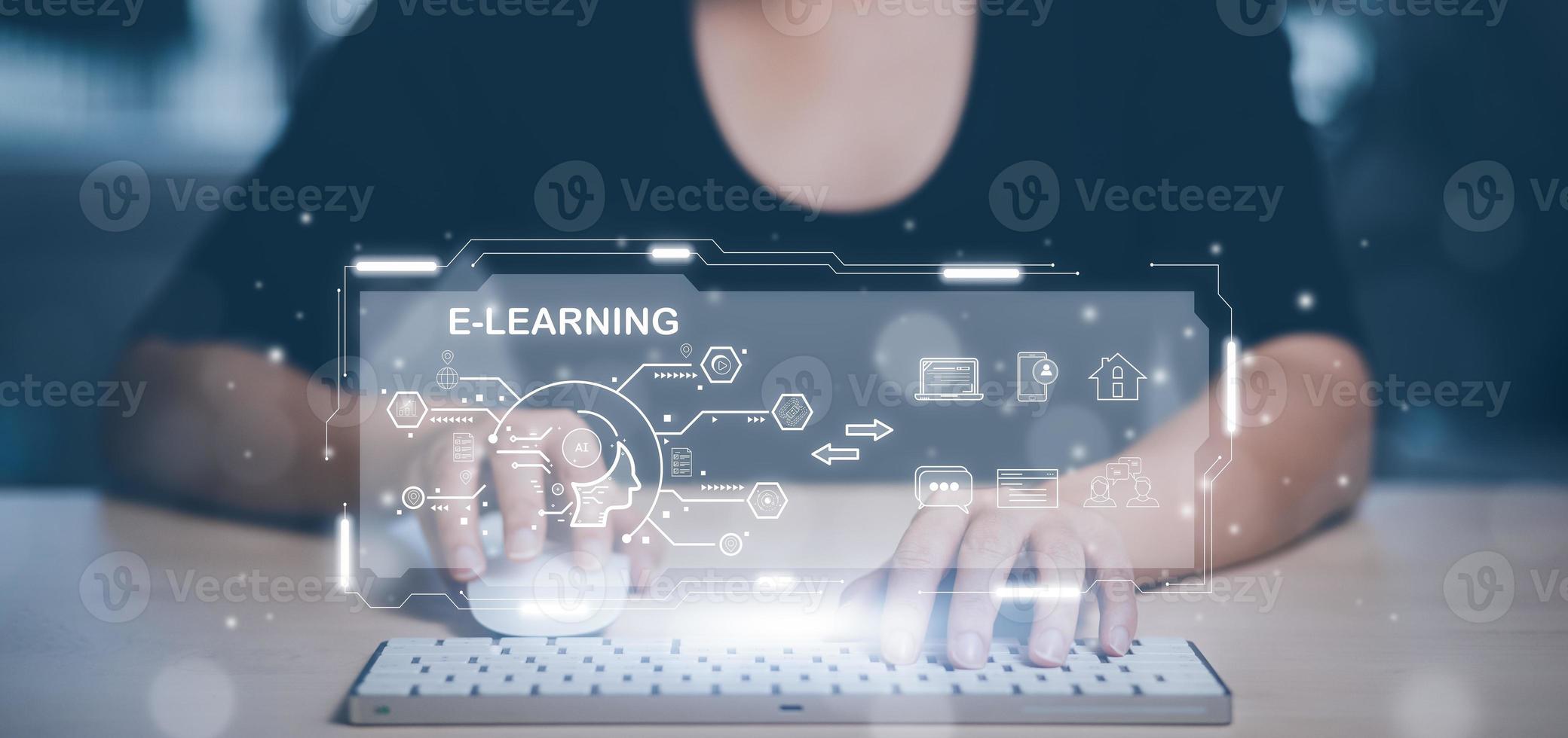 Concept E-learning education, Businessman hand touch Online Education icon on virtual screen. internet lessons and online webinar, online lessons on a digital screen.Education internet Technology. photo