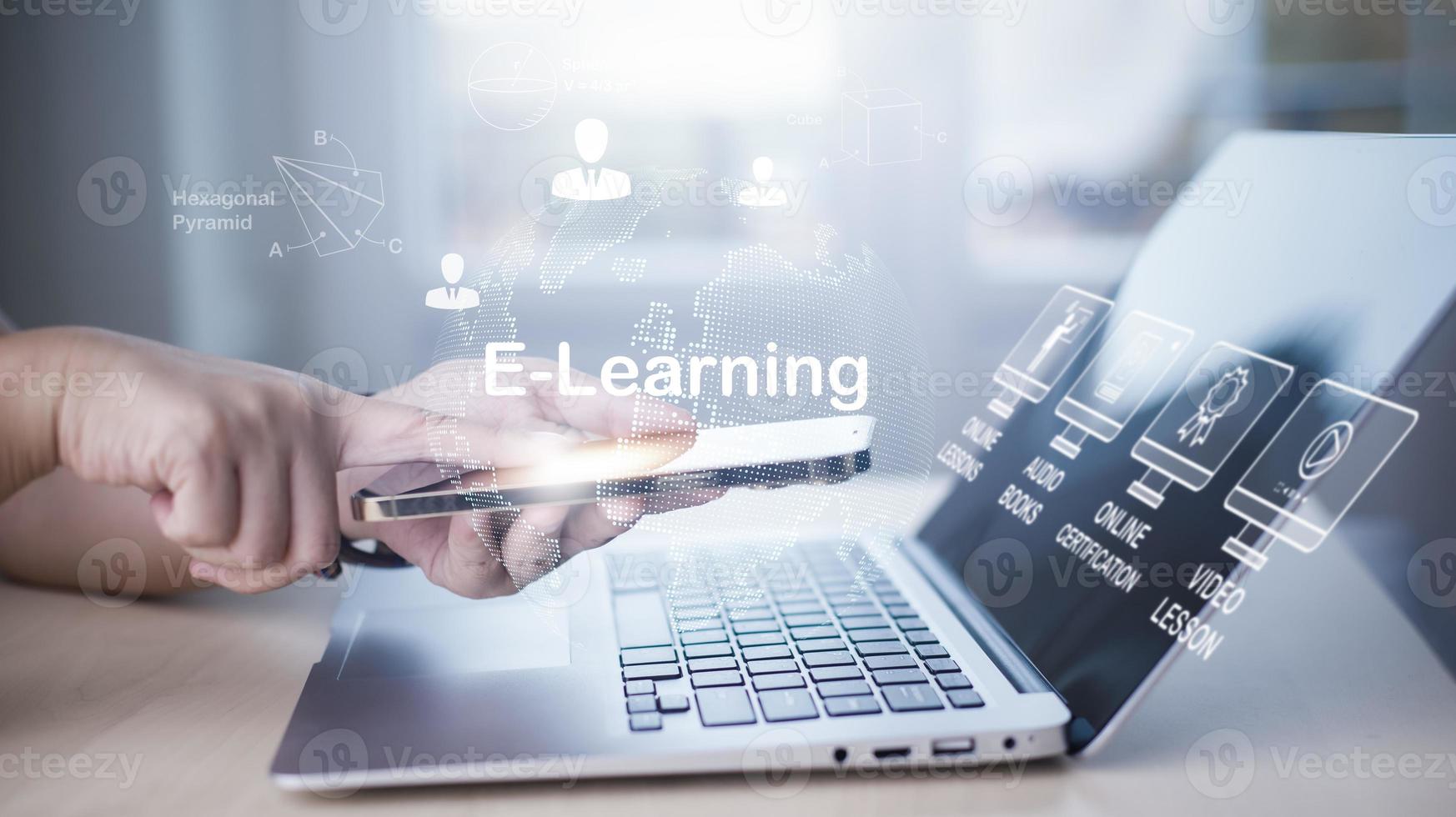 Concept E-learning education, Man using laptop with Online Education icon on virtual screen. internet lessons and online webinar, online lessons on a digital screen.Education internet Technology. photo