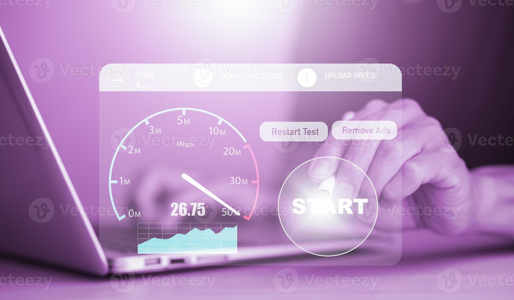 Fast internet connection with Metaverse technology concept, Hand holding smartphone and Virtual screen of Internet speed measurement,Internet and technology concept, 5G Hi speed internet concept photo