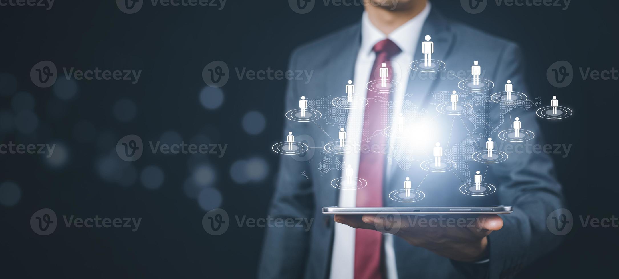 Businessman press human social button modern on virtual background global network of infrastructure and customer connection information exchange on white background, technology social network button photo