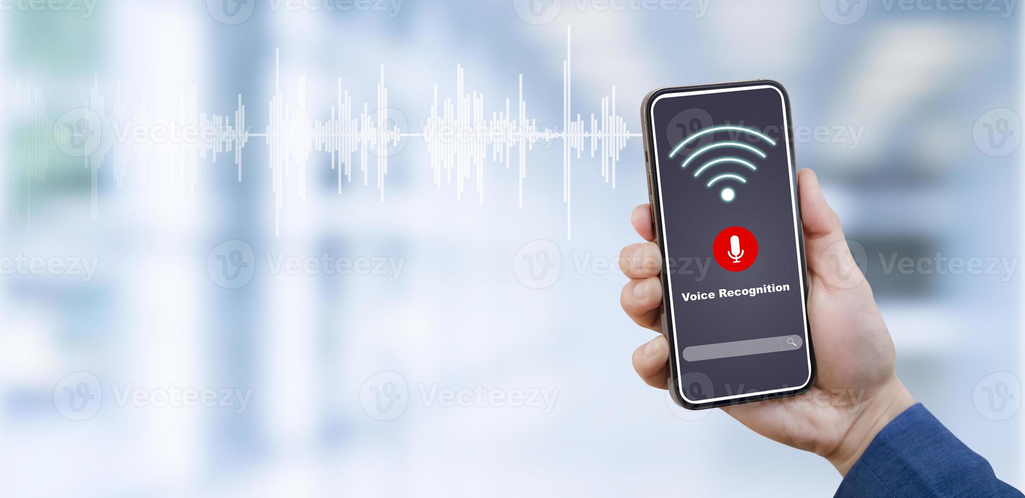 Businessman using smartphone touch microphone button on virtual screen. Blog blog speak talk advertising presentation,Voice recognition, speech detection and deep learning application,Voice Assistance photo