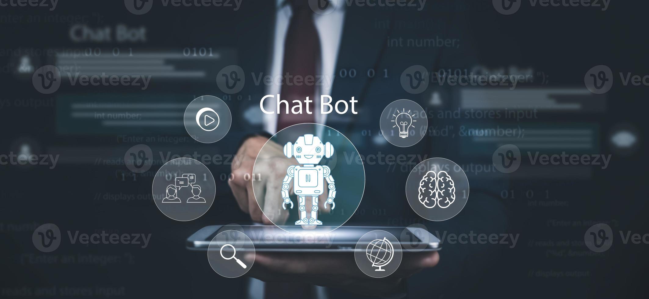 Businessman hold Laptop and touch Chat bot Chat with AI, Artificial Intelligence, System Artificial intelligence an artificial intelligence chatbot, Digital chatbot, Robot application, conversation photo