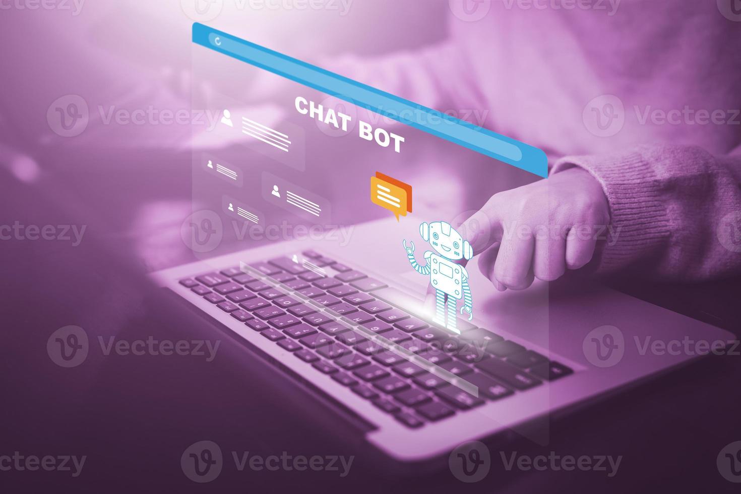 Man using Laptop and touch bar Chat bot Chat with AI, Artificial Intelligence,System Artificial intelligence an artificial intelligence chatbot, Digital chatbot, Robot application, conversation photo