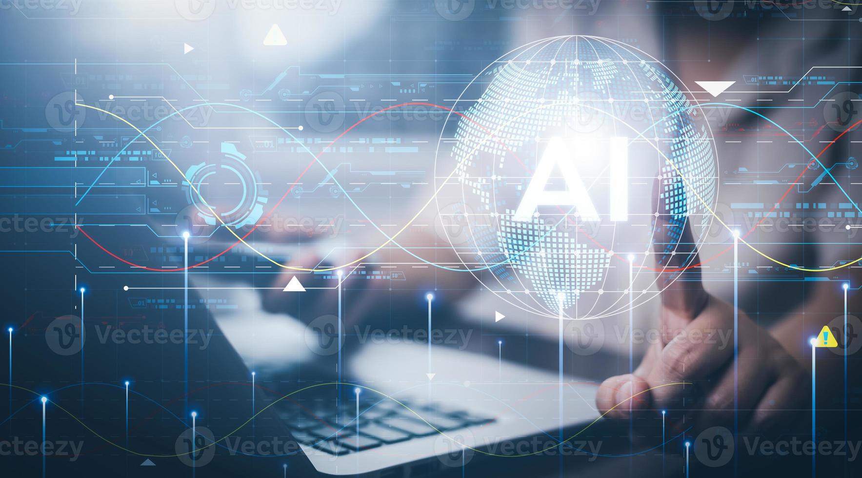 AI Artificial intelligence with hologram technology concept, businesswoman touch AI digital marketing, Big data, futuristic business, coding software development on the interface,IoT and innovation. photo