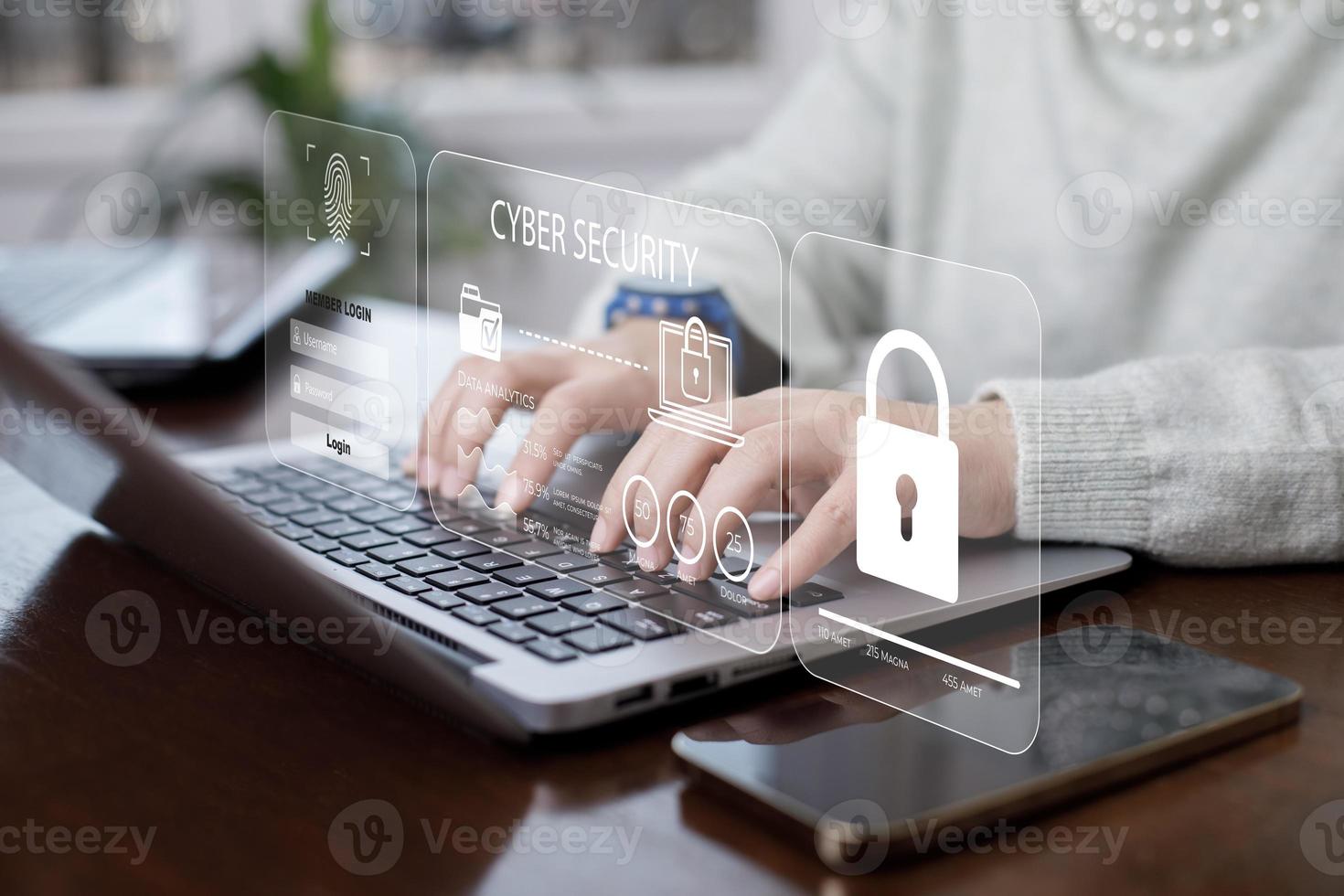 Cyber security and Security password login online concept  Hands typing and entering username and password of social media, log in with smartphone to an online bank account, data protection hacker photo