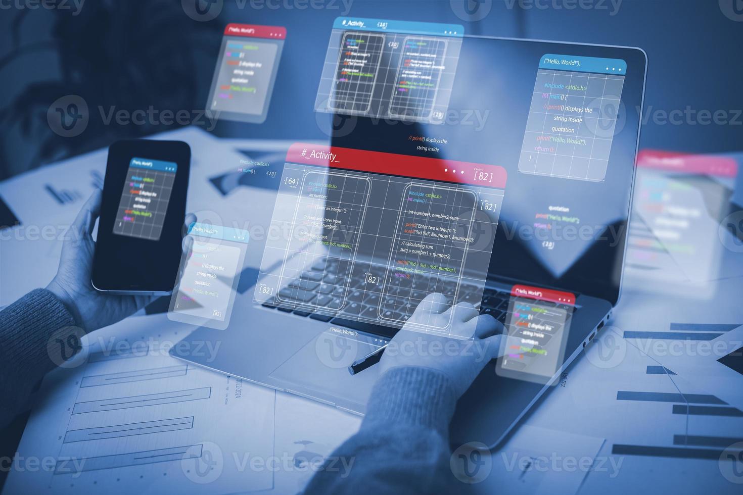 Businessman working on laptop computer with a server room, data center, big data storage backgrounds, digital technology, database, IT support, Coding technology in software, digital software, IoT photo