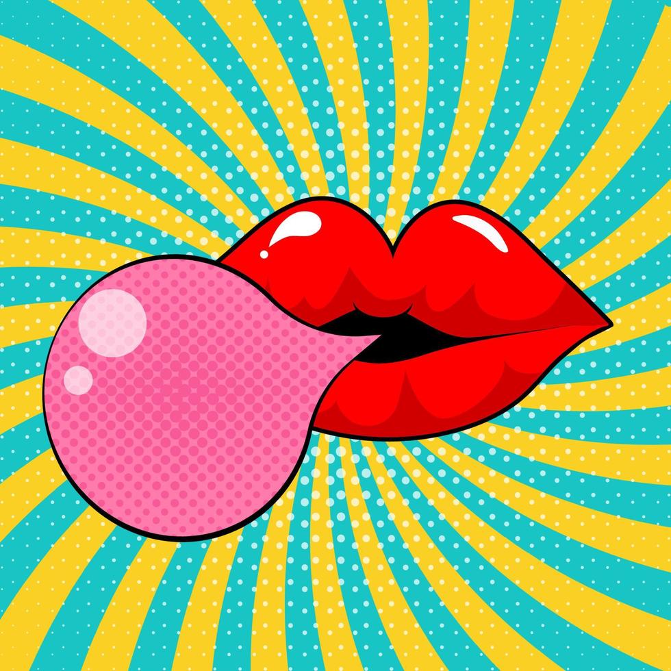 Poster with lips blown a bubble gum vector