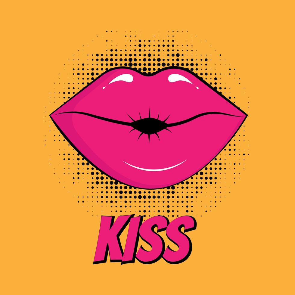 Poster with lips in pop art comic style. vector