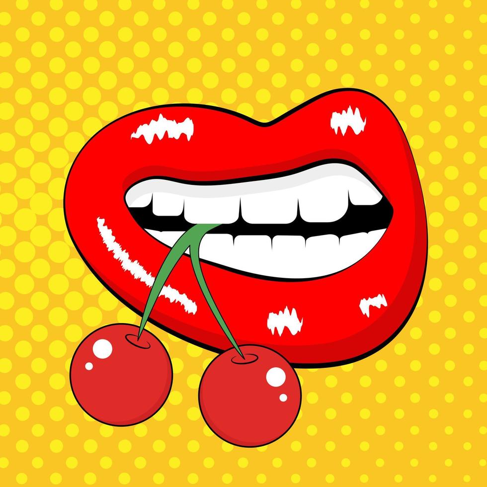Poster with lips holding a cherry in teeth in pop art comic style. vector